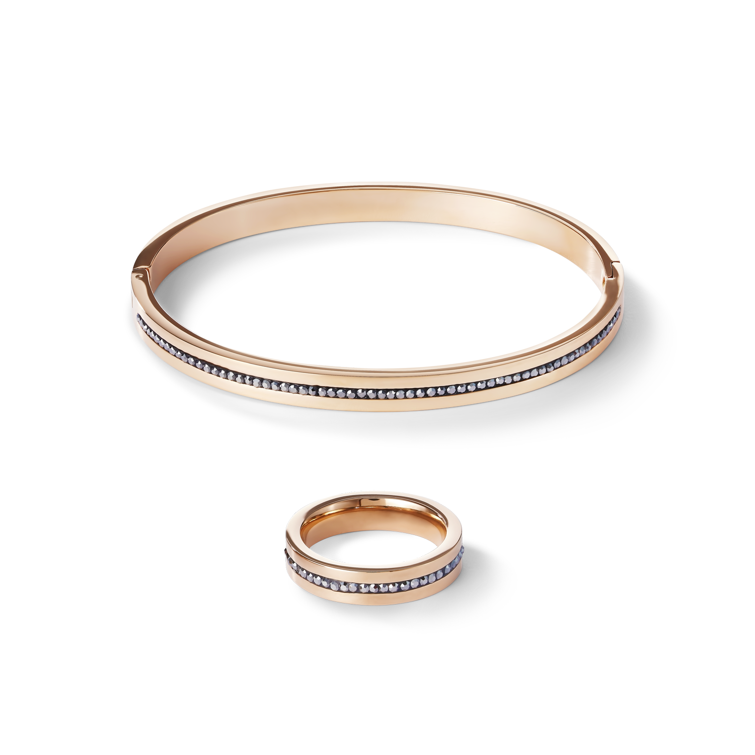 Ring stainless steel rose gold & crystals pavé strip anthracite