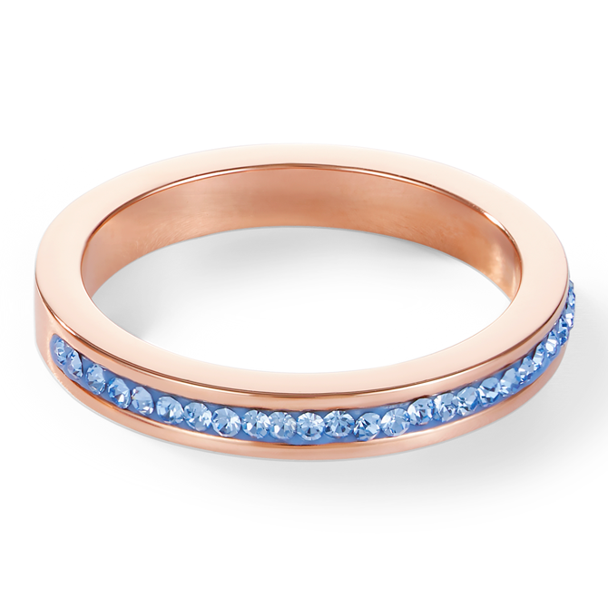 Ring slim stainless steel rose gold & crystals pavé light blue