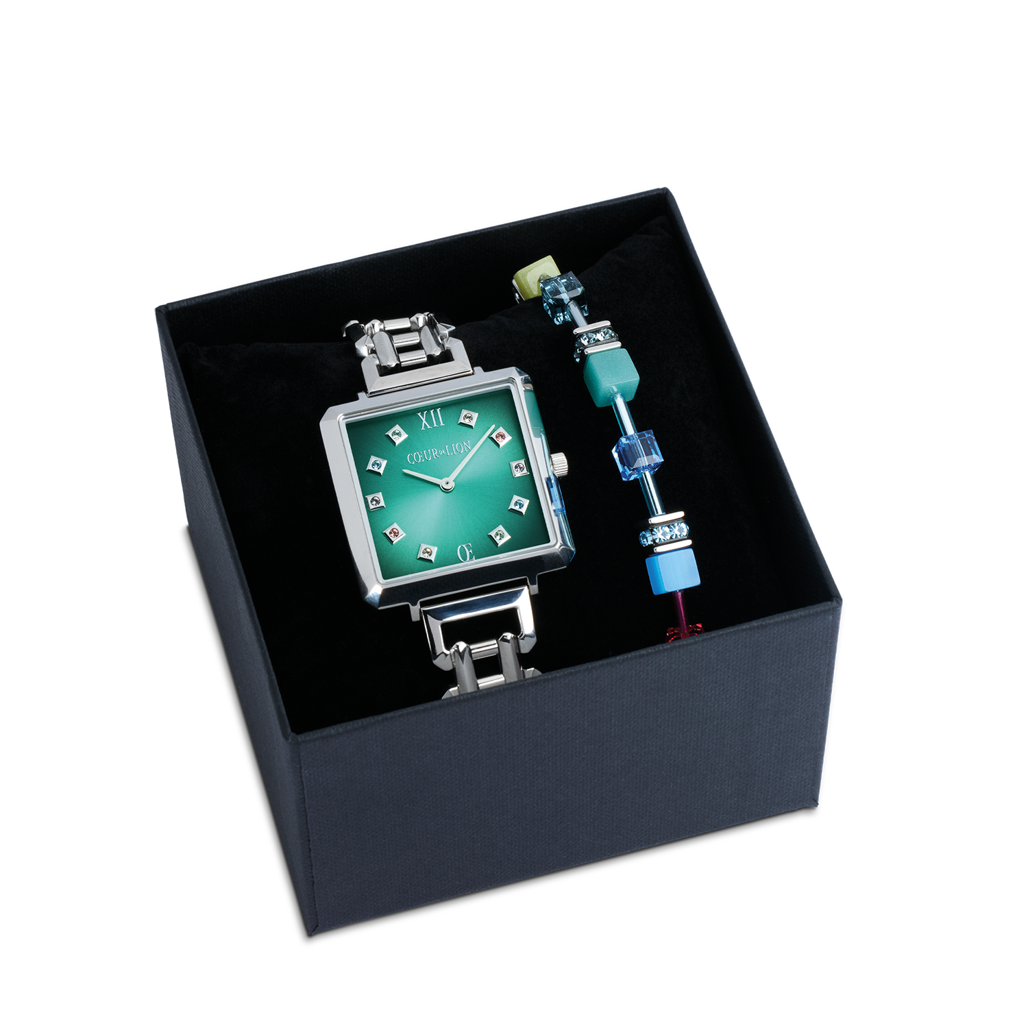 Gift Set Watch Iconic Cube Turquoise Glaze silver & GeoCUBE® Iconic Bracelet Magic silver