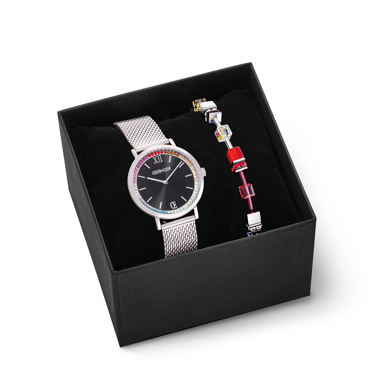 Gift Set Watch Round Sparkling Rainbow Sunray Black & GeoCUBE® Iconic bracelet red-green