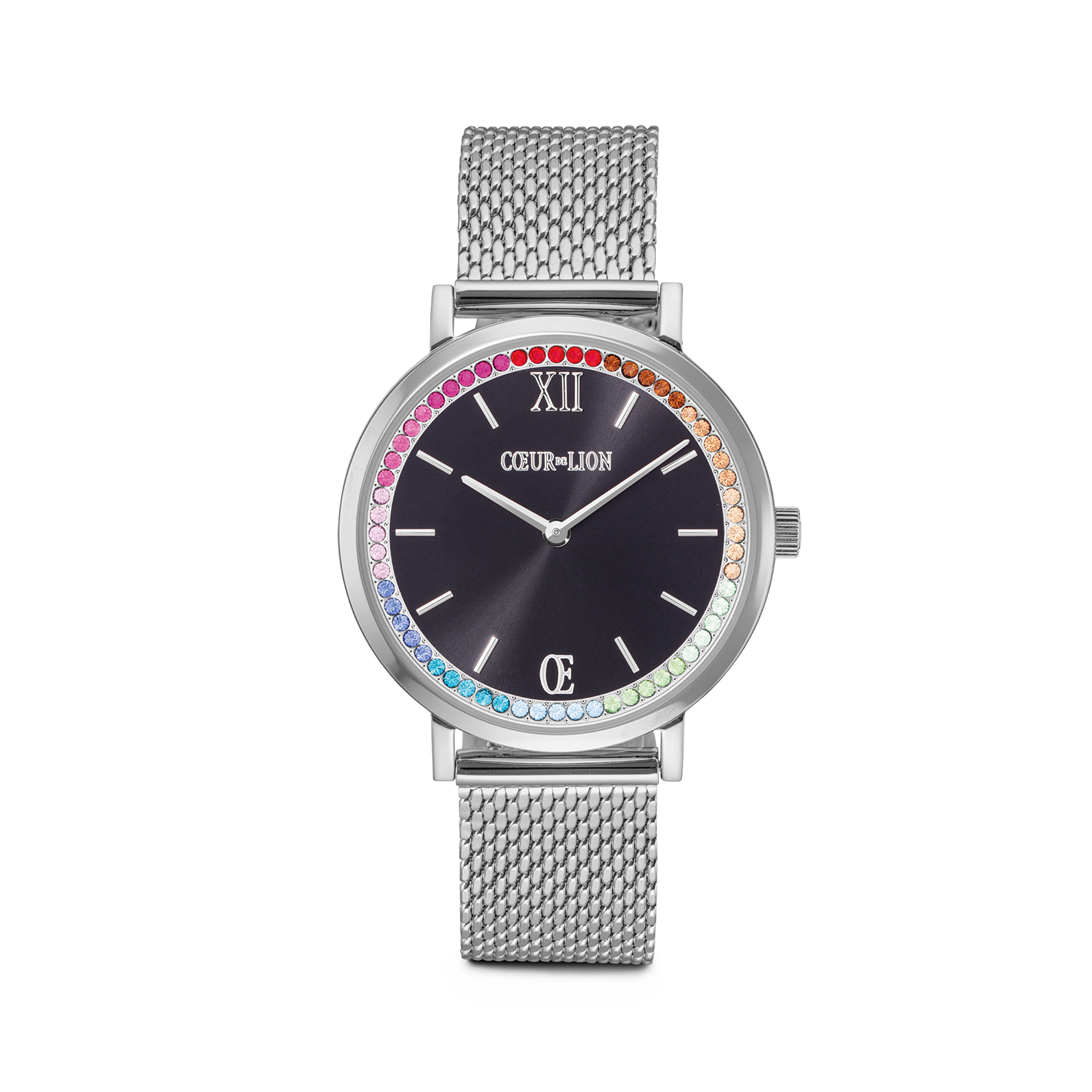 Watch Round Sparkling Rainbow Sunray Black Milanaise silver