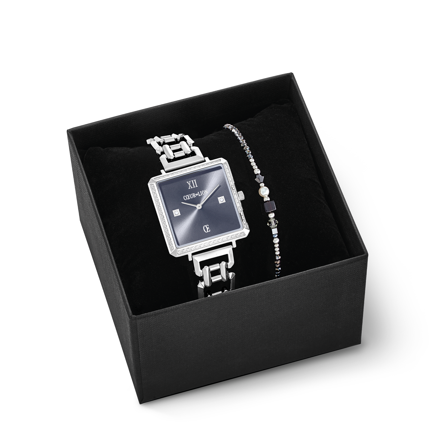 Gift Set Watch Iconic Cube Sparkling Anthracite Attraction & bracelet Square Stripes silver-black