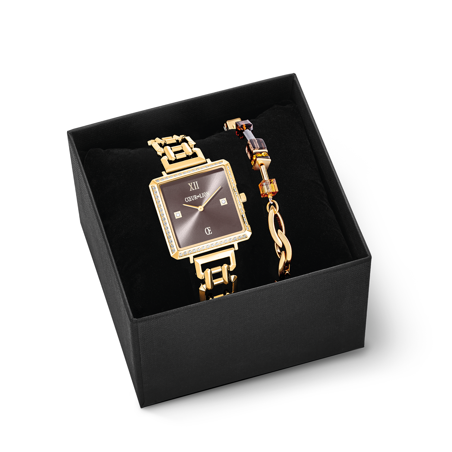 Gift Set Watch Iconic Cube Sparkling Mystic Mocca Statement gold & GeoCUBE® Chunky Chain bracelet gold-brown