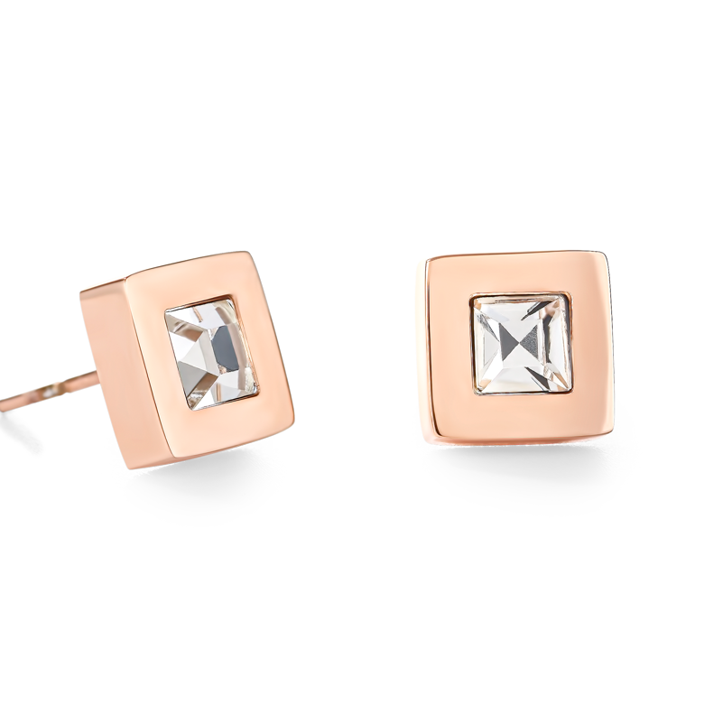 Earrings square stainlees steel rose gold & crystal