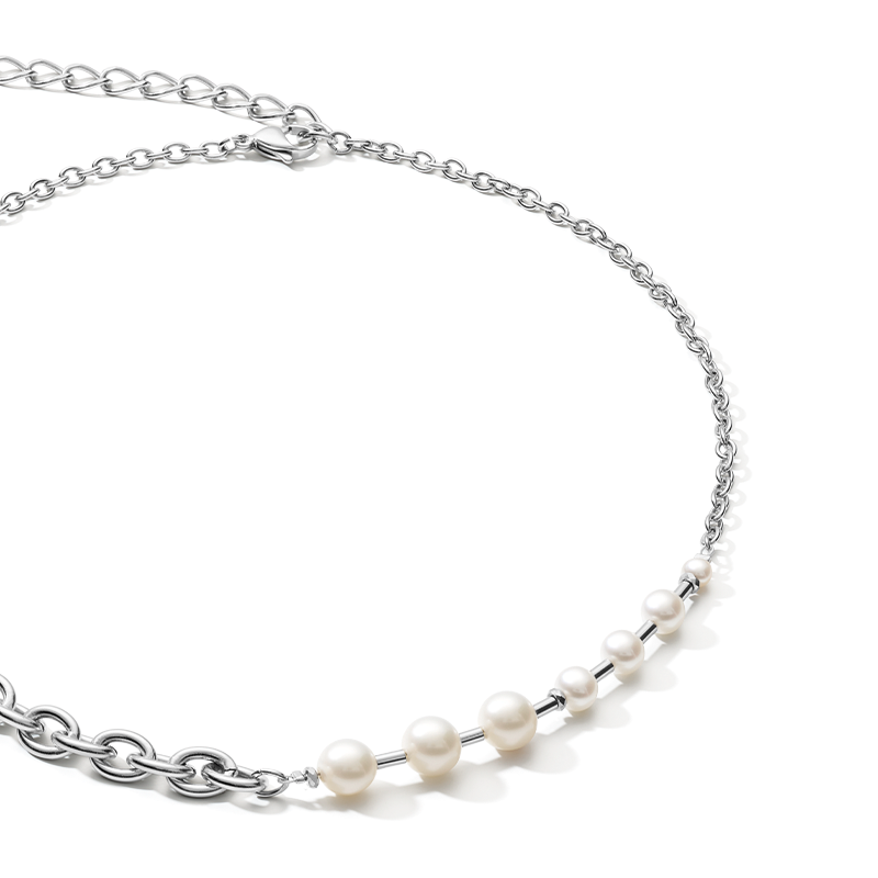 Necklace Freshwater pearls & chunky chain 4-in-1 white-silver