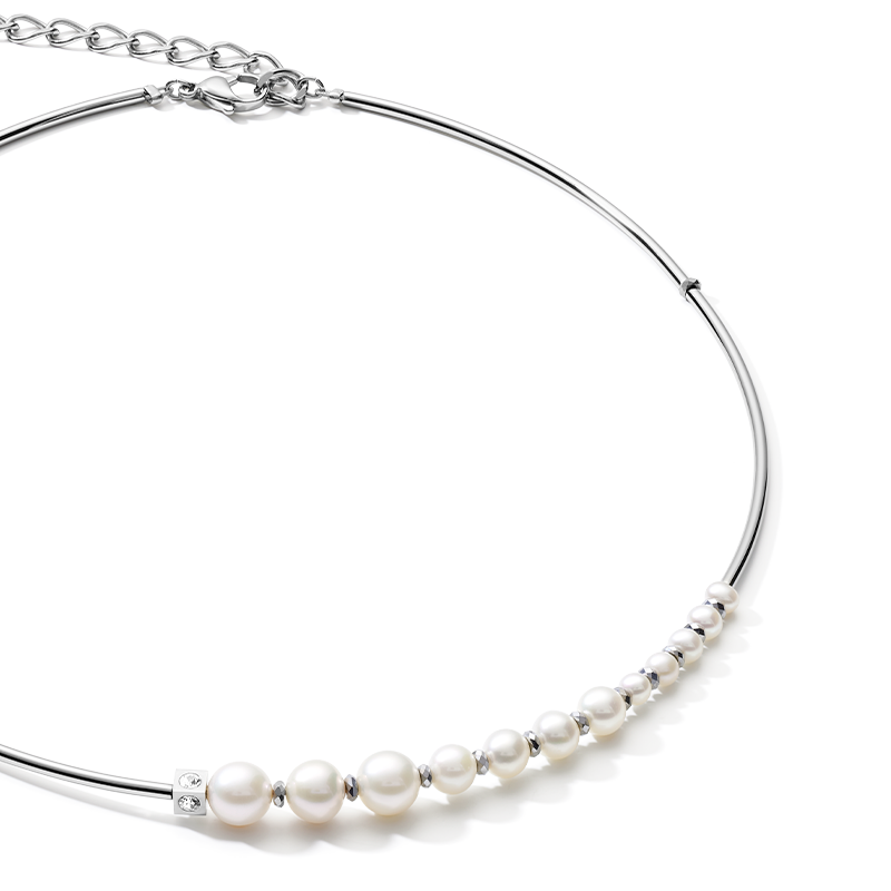 Necklace Asymmetry freshwater pearls & stainless steel white-silver