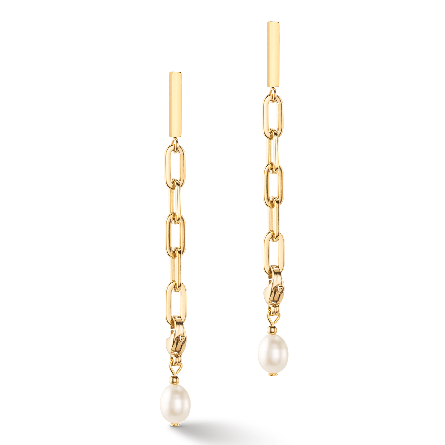 Modern chain earrings with freshwater pearl charms gold