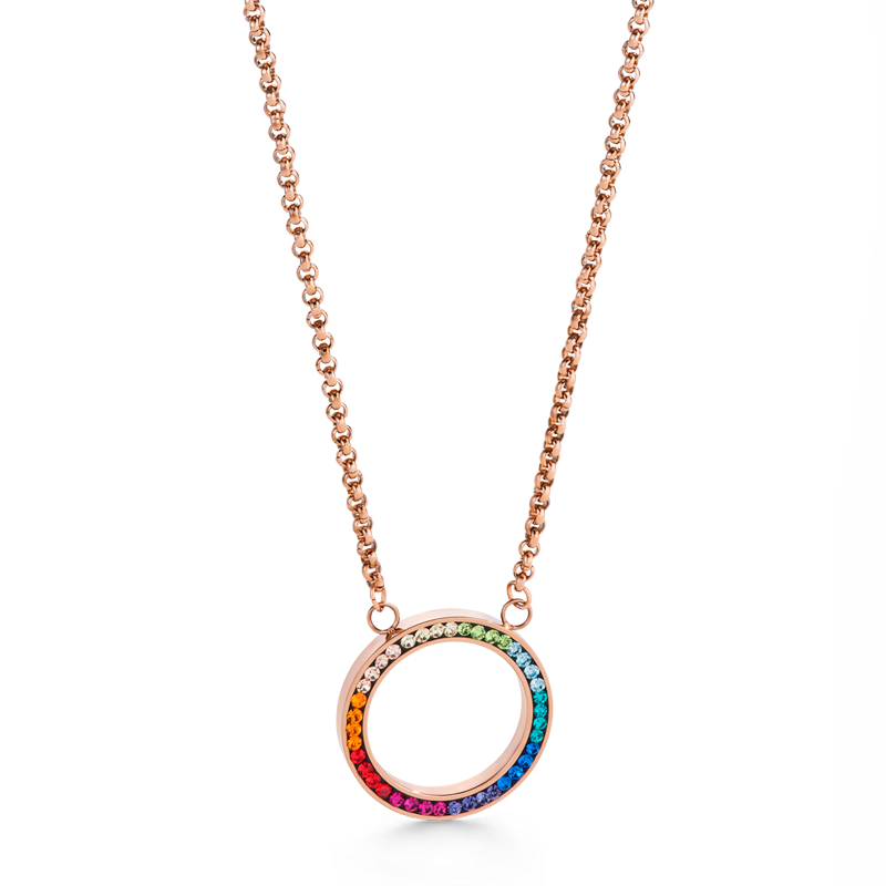 Necklace Ring Crystals pavé & stainless steel rose gold & multicolour