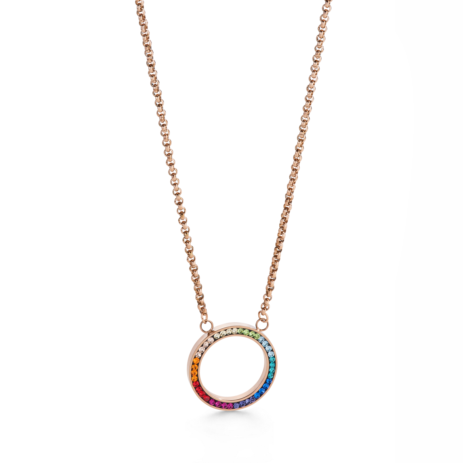 Necklace Ring Crystals pavé & stainless steel rose gold & multicolour