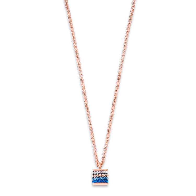 Necklace Cube Crystals pavé & stainless steel rose gold & blue