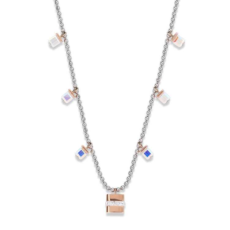 Necklace Cube stainless steel rose gold & crystals pavé & Crystals silver-crystal