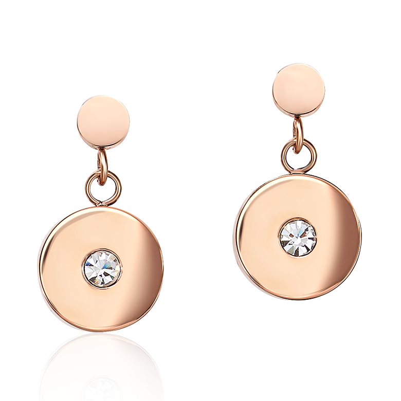 Earrings Coins Stainless steel rose gold, cut glass & Crystals white