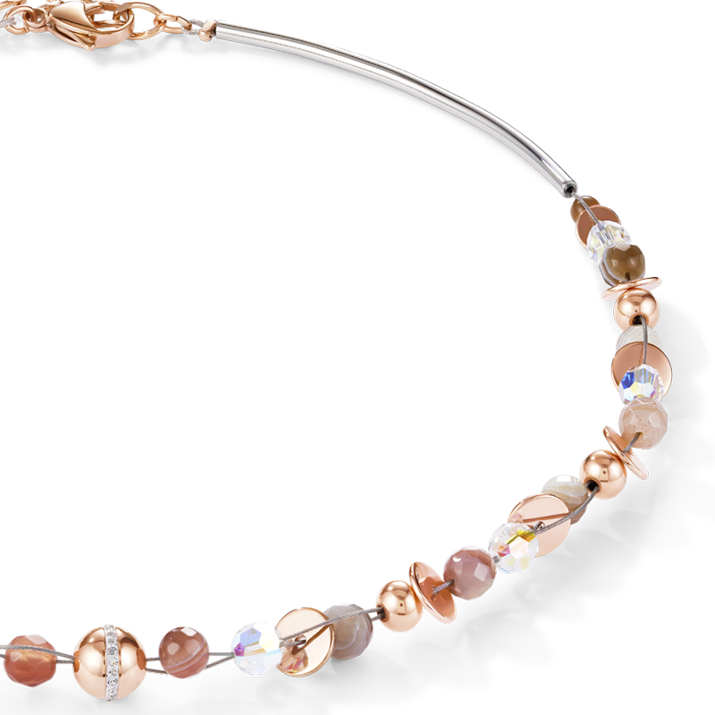 Necklace TwistedPEARLS Botswana agate & stainless steel rose gold beige-grey