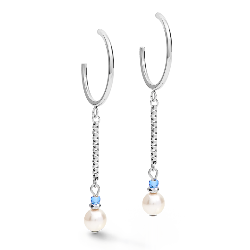 Earrings Creole Ypsilon Chain Crystal Pearl, Crystals & stainless steel silver-light blue